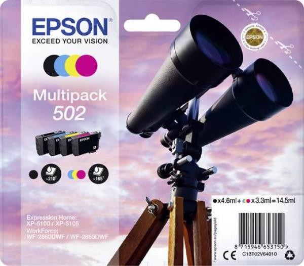 Epson 502 multipack featuring black, cyan, magenta, and yellow ink cartridges alongside a pair of black binoculars, all set against a colorful sky background.