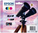 Epson 502 XL ink cartridge multipack featuring four cartridges in black, blue, magenta, and yellow, displayed in a colorful packaging with a telescope graphic.