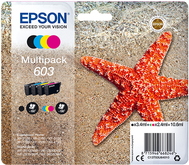 Epson 603 Multipack ink cartridges in black, cyan, magenta, and yellow, featuring a vibrant starfish design on the packaging against a sandy background.