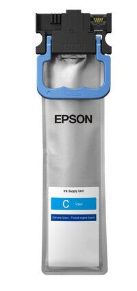Original Epson C13T13L240 high-yield cyan ink cartridge with a silver body, blue handle, and clear label indicating color and product details.