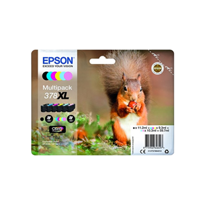 Epson 378XL Claria Photo HD ink cartridge multipack featuring vibrant colors, with a squirrel on the packaging, highlighting high capacity and compatibility for photo printing.