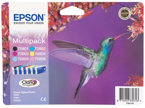 Epson Hummingbird Multipack featuring six Claria Photographic Ink cartridges in vibrant colors, with a colorful hummingbird illustration on a purple background.