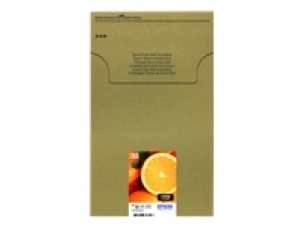 Epson Oranges Multipack features a brown EasyMail pack containing five vibrant Claria Premium ink cartridges, with an orange slice graphic on the front for easy identification.