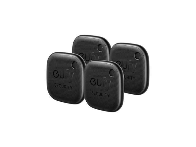 Four black SmartTrack Link devices by Eufy, featuring a textured surface and the "eufy SECURITY" logo, designed for tracking and securing belongings.