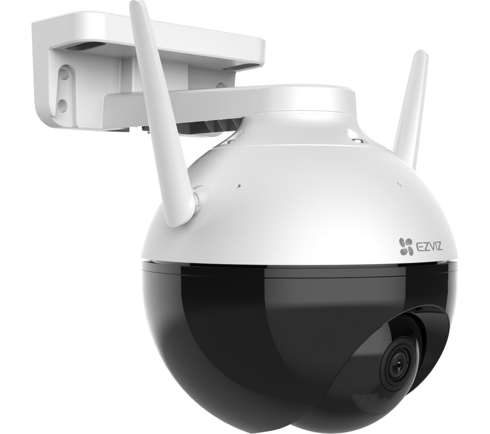 White and black outdoor security camera with a spherical body, pan/tilt functionality, night vision capabilities, and two antennas, mounted on a wall bracket.