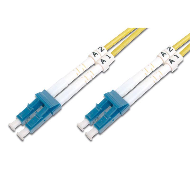 Yellow 2.8mm fibre optic cable featuring LC-LC connectors, with two blue connector ends labeled A1 and A2, designed for high-speed data transmission.