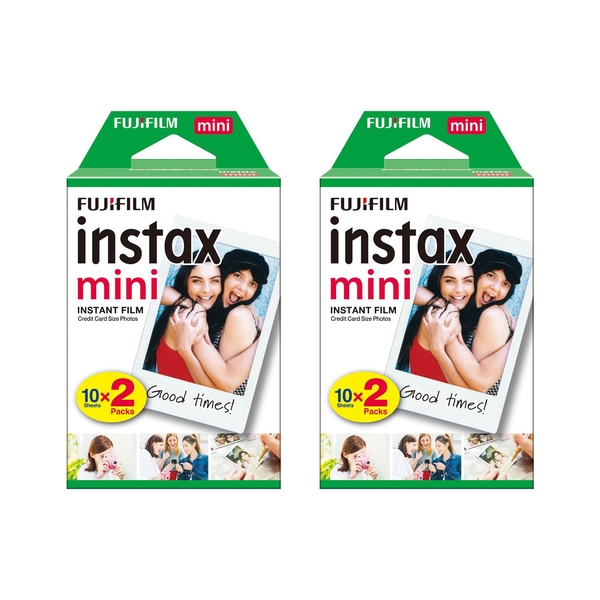 Fujifilm Instax Mini Instant Film pack containing two boxes, each with 10 sheets, featuring a colorful design with "Good times!" text and images of smiling people.