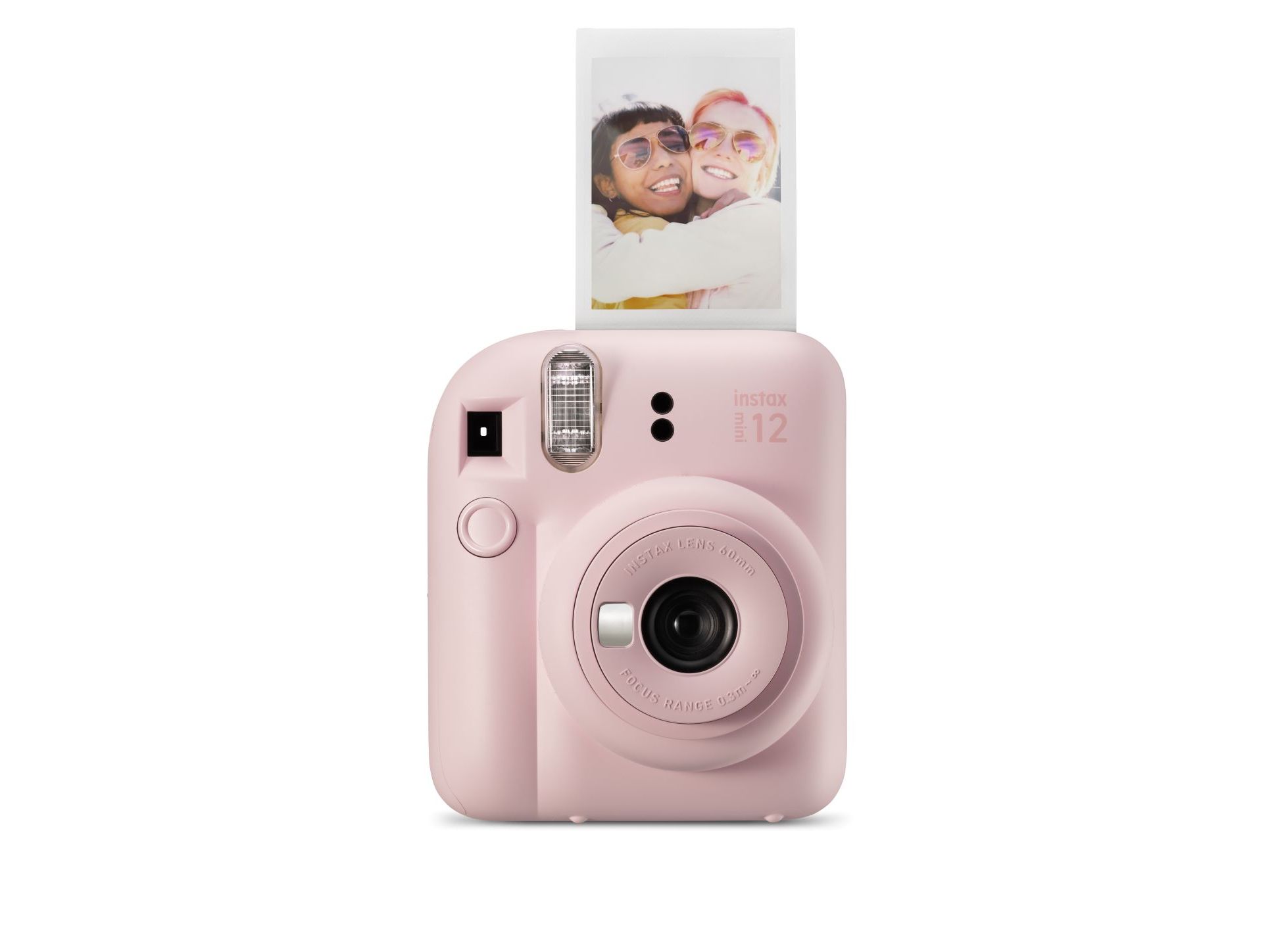 Blossom pink Fujifilm Instax Mini 12 camera with a flash, circular lens, and a photo emerging from the top, accompanied by a matching camera case in the same color.