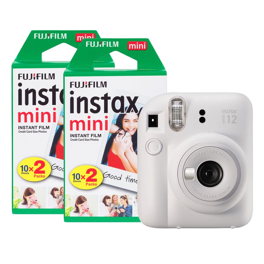 Fujifilm Instax Mini 12 instant camera in clay white, featuring a round lens, flash, and two packs of instant film, each containing 10 credit card-sized photos.