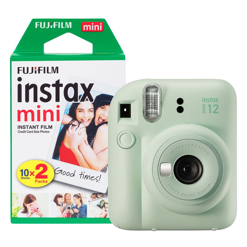 Fujifilm Instax Mini 12 instant camera in mint green with a rounded design, featuring a lens, flash, and a box of 20 credit card-sized film shots.