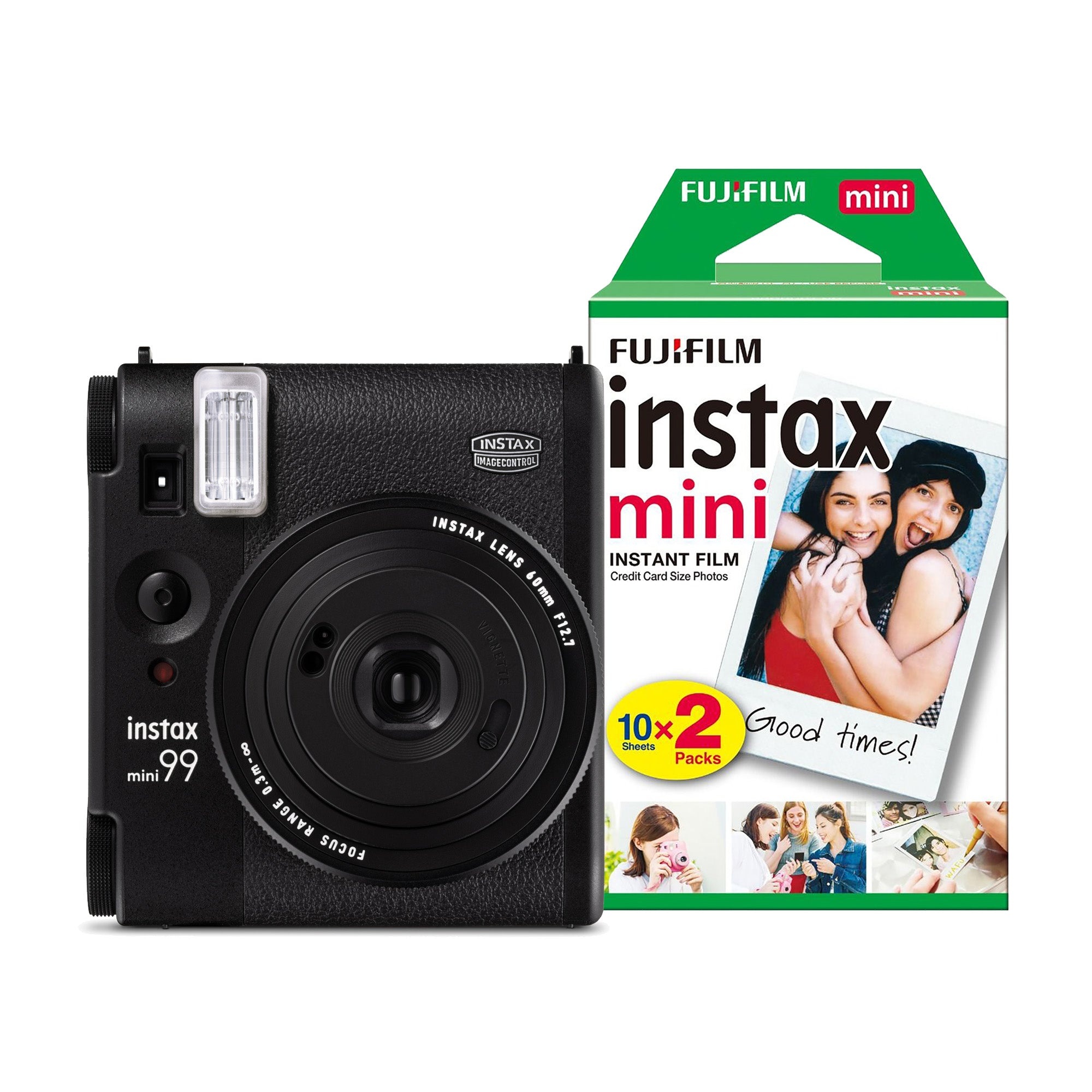 Fujifilm Instax Mini 99 instant camera in black with a round lens, accompanied by a green and white box containing two packs of 10 instant film each.