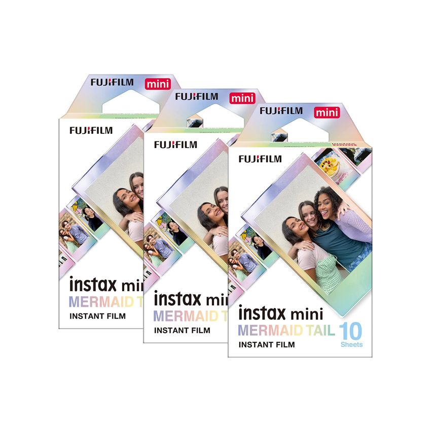 Three packs of Fujifilm Instax Mini Instant Photo Film in Mermaid Tail design, each containing 10 colorful sheets, featuring vibrant aquatic-themed graphics on the packaging.
