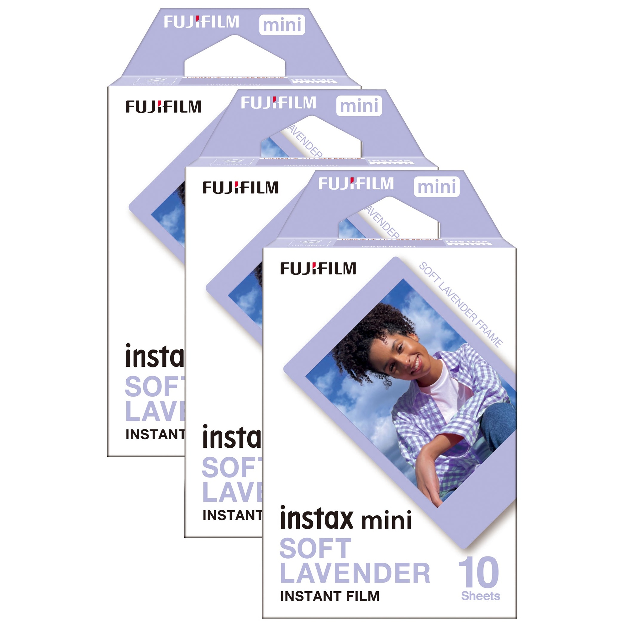 Fujifilm Instax Mini Soft Lavender instant photo film pack featuring three boxes, each containing 10 sheets, with a light purple design and a photo of a girl on the front.