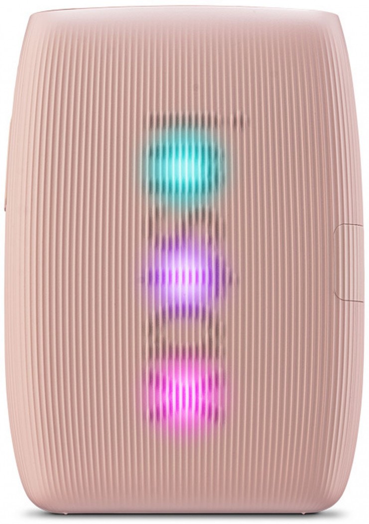 Rose pink smartphone printer with a textured surface, featuring colorful LED lights on the front, designed for printing photos from mobile devices.