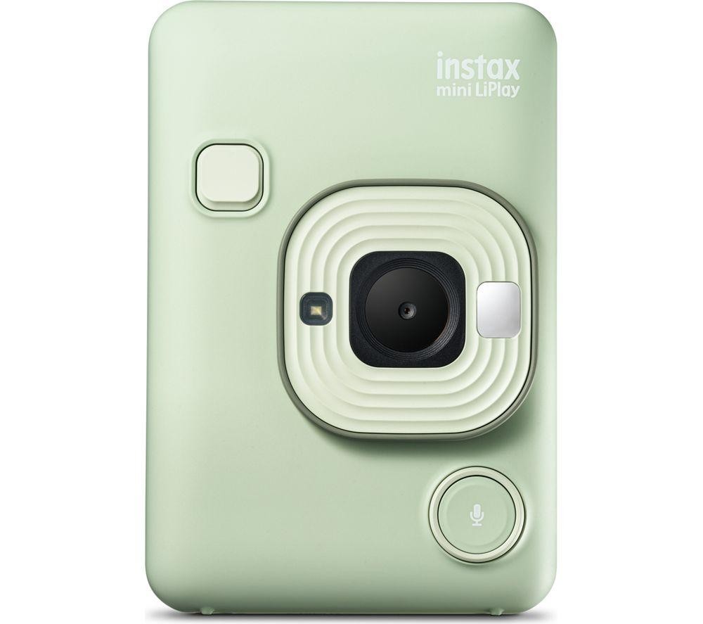 Mint green Fujifilm Instax Mini LiPlay camera featuring a circular lens, a square flash, and a button for taking photos, with a compact design ideal for instant printing.