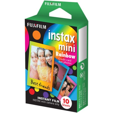 Colorful packaging featuring a rainbow design, showcasing three smiling friends, labeled "Best friends," with a green top and circular accents, containing 10 sheets of instant film for Fujifilm cameras.