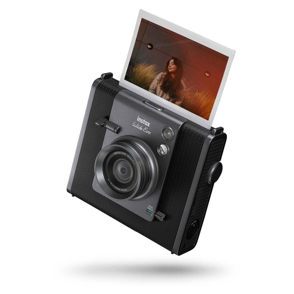 Fujifilm Instax WIDE Evo camera in black with a textured finish, featuring a lens, buttons, and a printed photo emerging from the top.