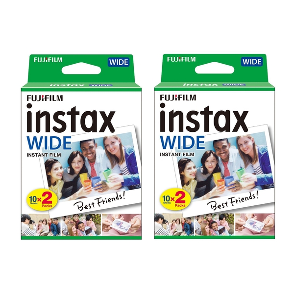 Fujifilm Instax Wide instant photo film pack featuring two boxes, each with a vibrant green top and images of friends enjoying drinks, labeled "Best Friends!" on the front.