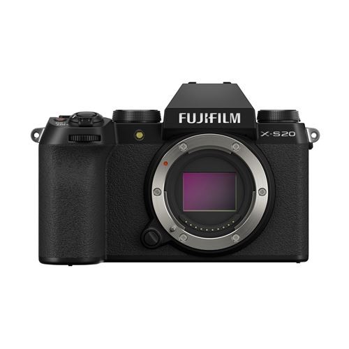 Fujifilm X-S20 mirrorless digital camera in black, featuring a textured grip, prominent lens mount, and control dials on the top for easy adjustments.