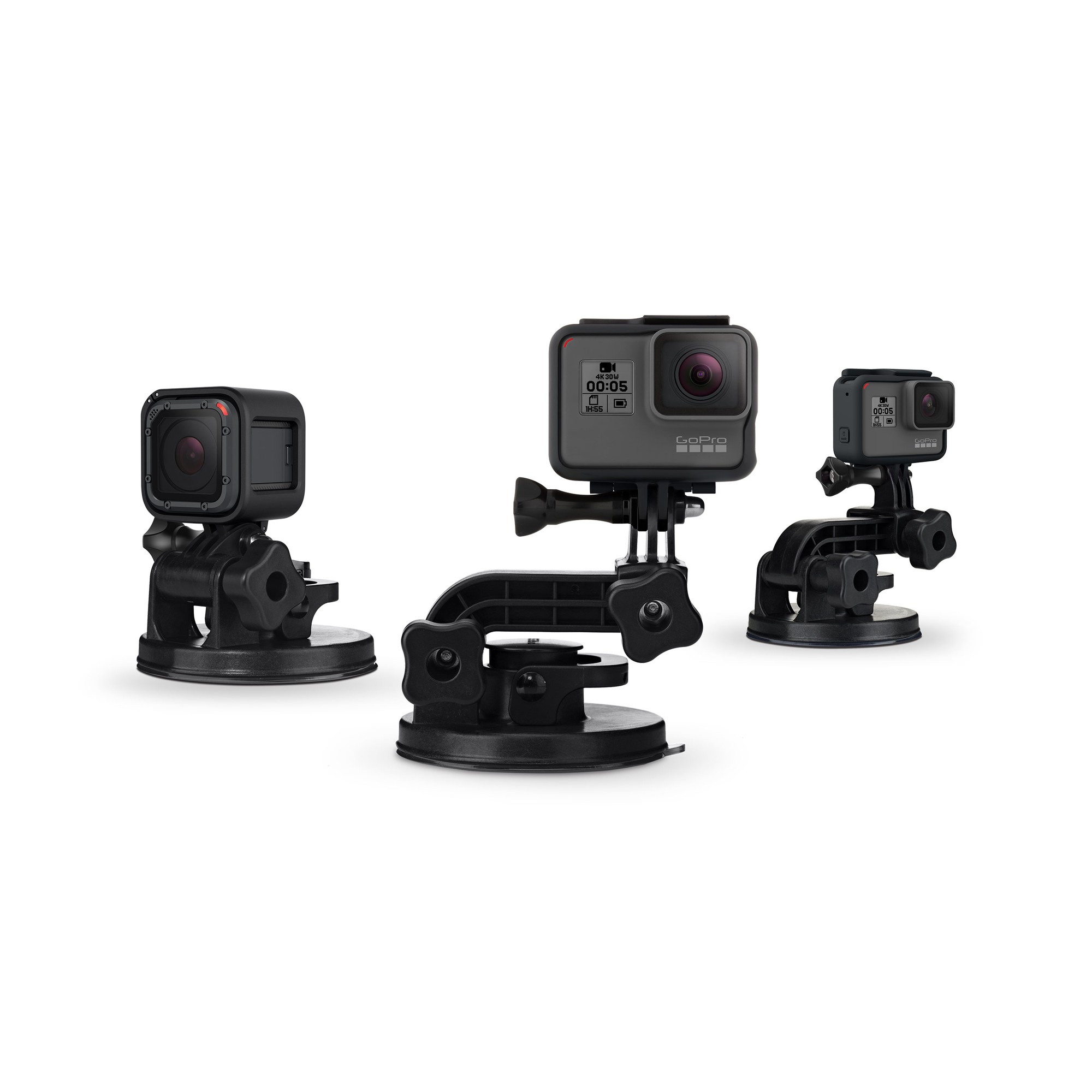 Black GoPro AUCMT-302 suction cup mount with adjustable arms, designed to securely attach cameras to smooth surfaces, featuring three camera positions for versatility.