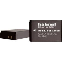 Black lithium-ion camera battery with "Hähnel HL-E12" label, featuring gold contact points and specifications for voltage and capacity printed on the side.