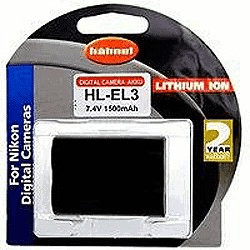 Hähnel HL-EL3E lithium battery for Nikon cameras, featuring a black battery pack in clear packaging with a red and white logo, and a two-year warranty label.