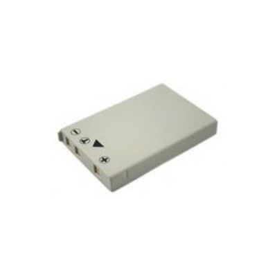 Light gray rectangular battery with rounded edges, featuring three contact points on one side and a small arrow symbol, designed for Nikon cameras.