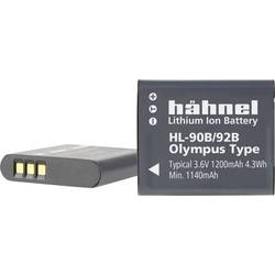 Hähnel HL-90B camera battery in black, featuring a compact design with three gold contact points and labeled specifications for 3.6V and 1200mAh capacity.
