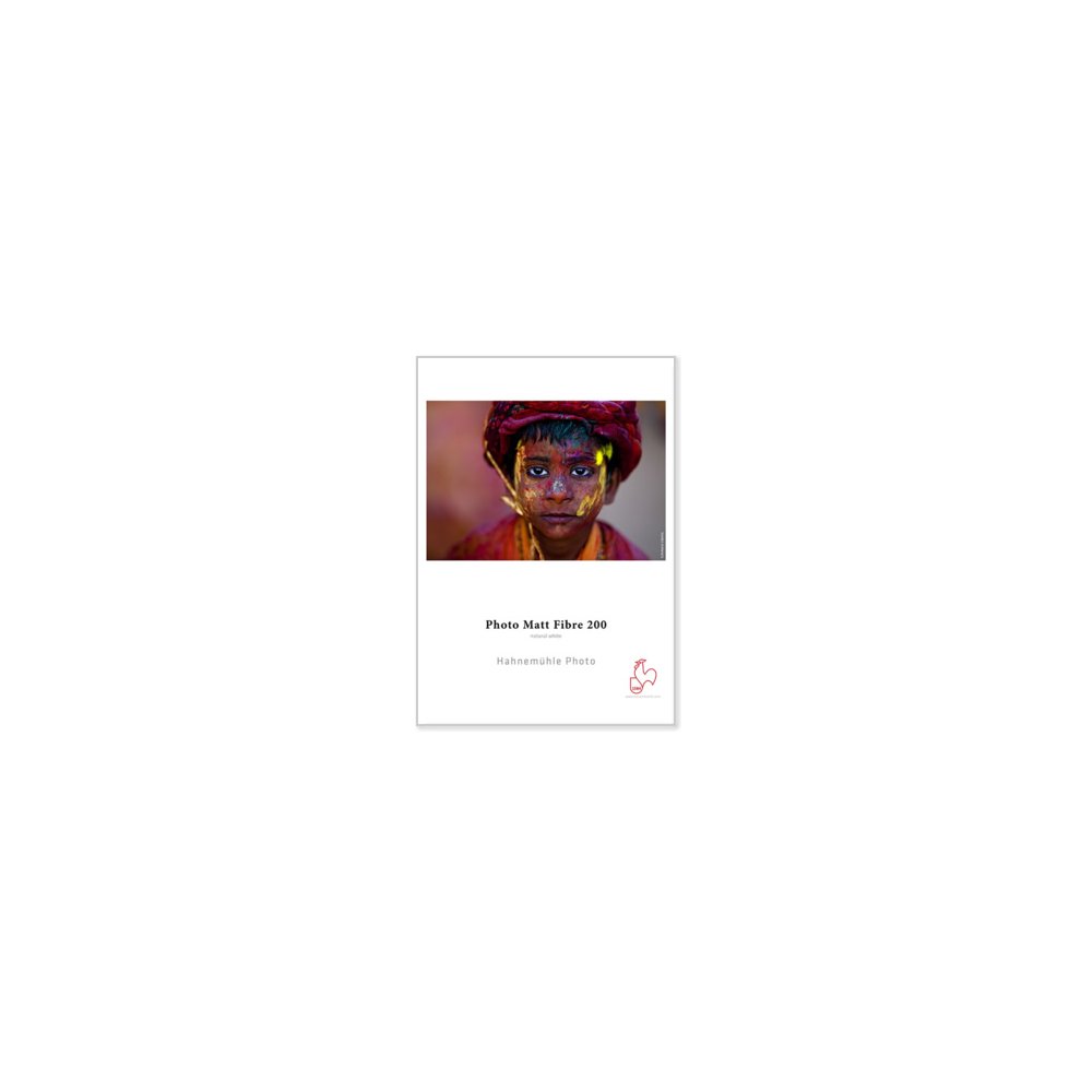 White packaging featuring the product name "Photo Matt Fibre 200" and the brand "Hahnemuehle," with a colorful portrait image of a child on the front.