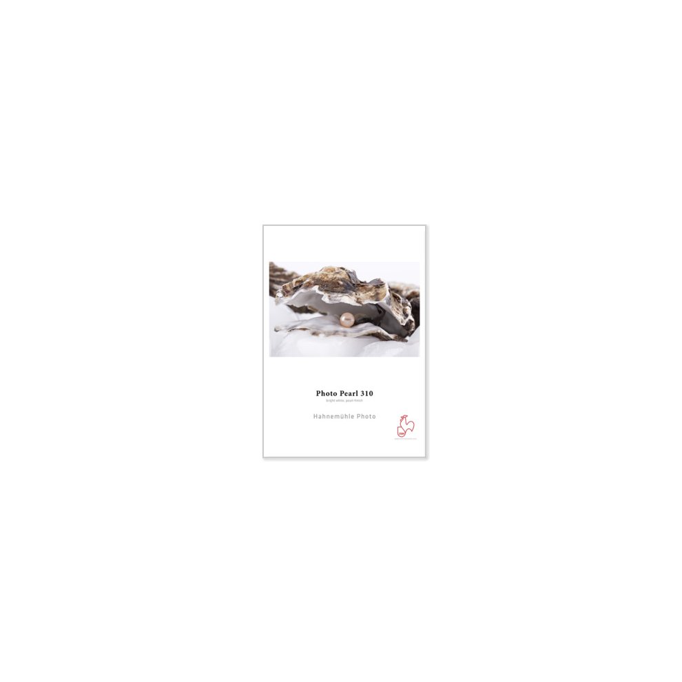 Hahnemühle Photo Pearl 310 A4 paper pack featuring a textured surface, white color, and a minimalist design with a photo of an oyster shell on the front.