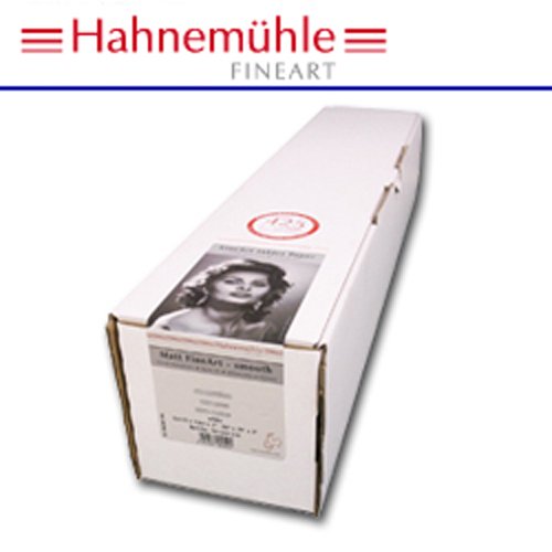 White cardboard box with a label featuring a black-and-white portrait, indicating "Hahnemühle Photo Rag, 44in, 12m, 308gsm," showcasing a fine art paper product.