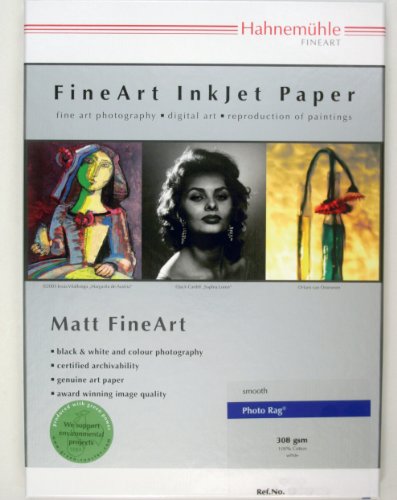 Hahnemühle Photo Rag package featuring A3 size, 25 sheets, with a white cover displaying fine art photography and text in red and black, emphasizing its high-quality, smooth texture.
