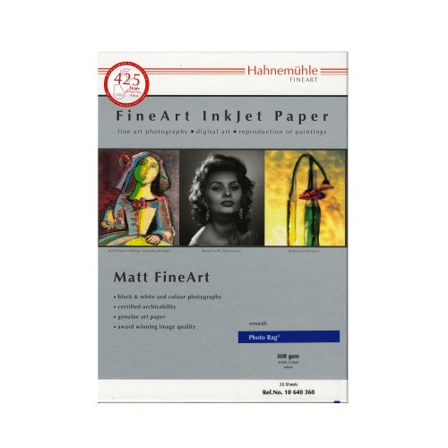 Hahnemühle Photo Rag 308 A4 pack featuring 25 sheets, showcasing a white matte paper with a textured surface, ideal for fine art photography and inkjet printing.