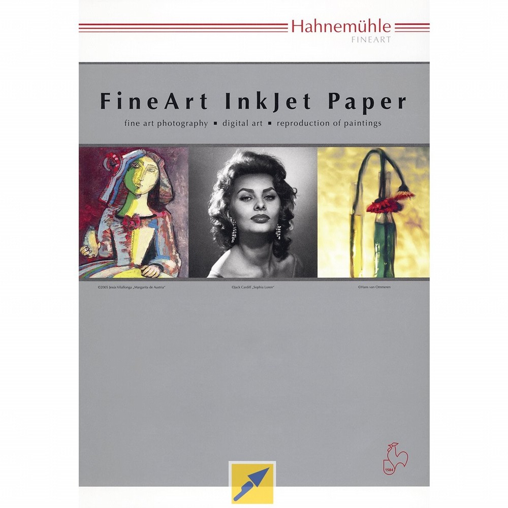 Hahnemühle Photo Rag Duo packaging features a gray background with a prominent logo, showcasing fine art photography and digital art, with colorful artwork examples displayed.