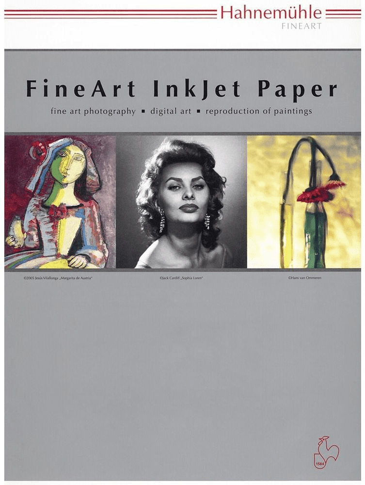 Hahnemühle Photo Rag Duo packaging featuring fine art photography, digital art, and reproduction of paintings, with a grey background and vibrant artwork examples.