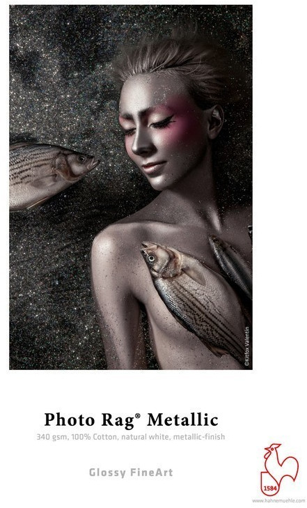 Glossy, metallic-finish paper in A3 size, made from 100% cotton with a weight of 340 gsm, showcasing a smooth, natural white surface ideal for fine art prints.