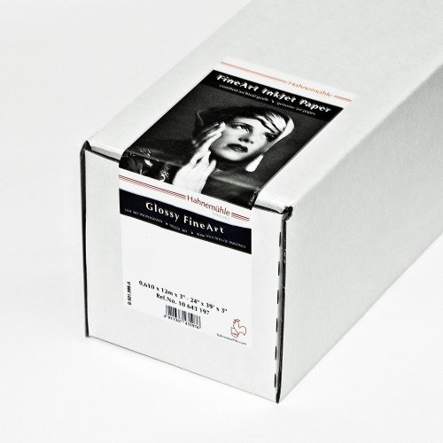 White box containing Hahnemühle Photo Rag Pearl fine art paper, featuring a black and white label with a vintage image and product details, emphasizing its glossy finish and quality.