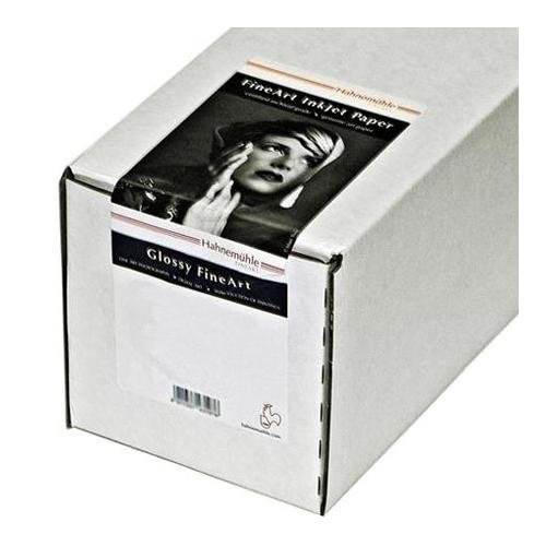 White box of Hahnemühle Photo Rag Satin paper, labeled with a black and white portrait, featuring "Glossy FineArt" and product details on the front.