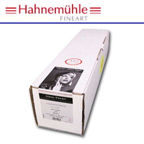 White box packaging for Hahnemühle Photo Rag Satin, featuring a glossy black and white portrait on the label, with product details and a vibrant red logo at the top.