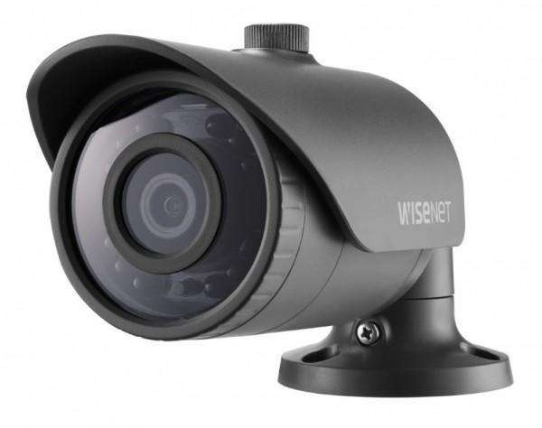 Black bullet-style security camera with a rounded lens and adjustable mount, featuring a sleek design and the "Wisenet" logo prominently displayed.