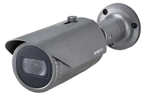 Gray bullet-style security camera with a sleek design, featuring a lens cover, adjustable mounting bracket, and a compact body suitable for indoor use.