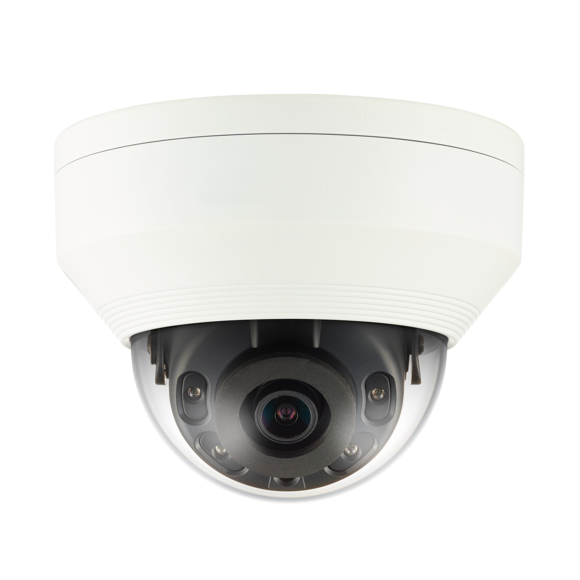 White dome-shaped outdoor security camera with a clear dome cover, featuring a black lens and multiple infrared LEDs for night vision, designed for IP surveillance.