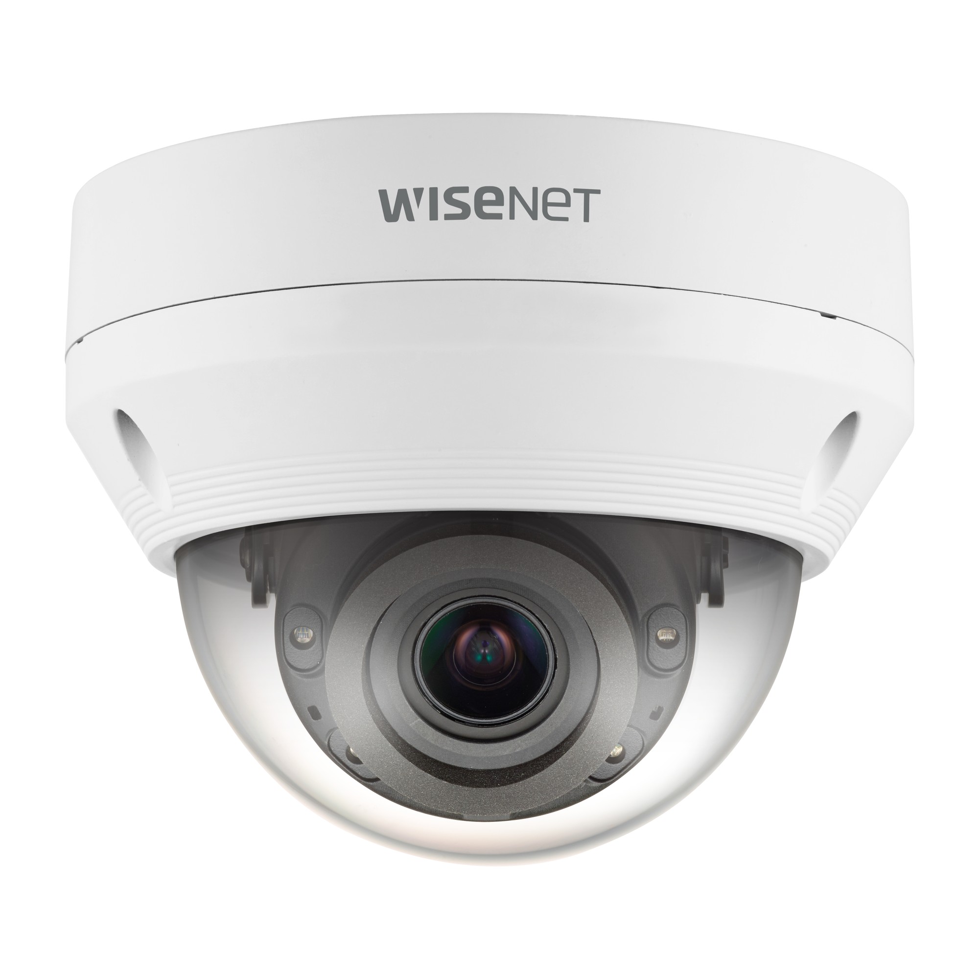 White dome-shaped security camera with a transparent lens, featuring a sleek design and the "Wisenet" logo prominently displayed on the top.