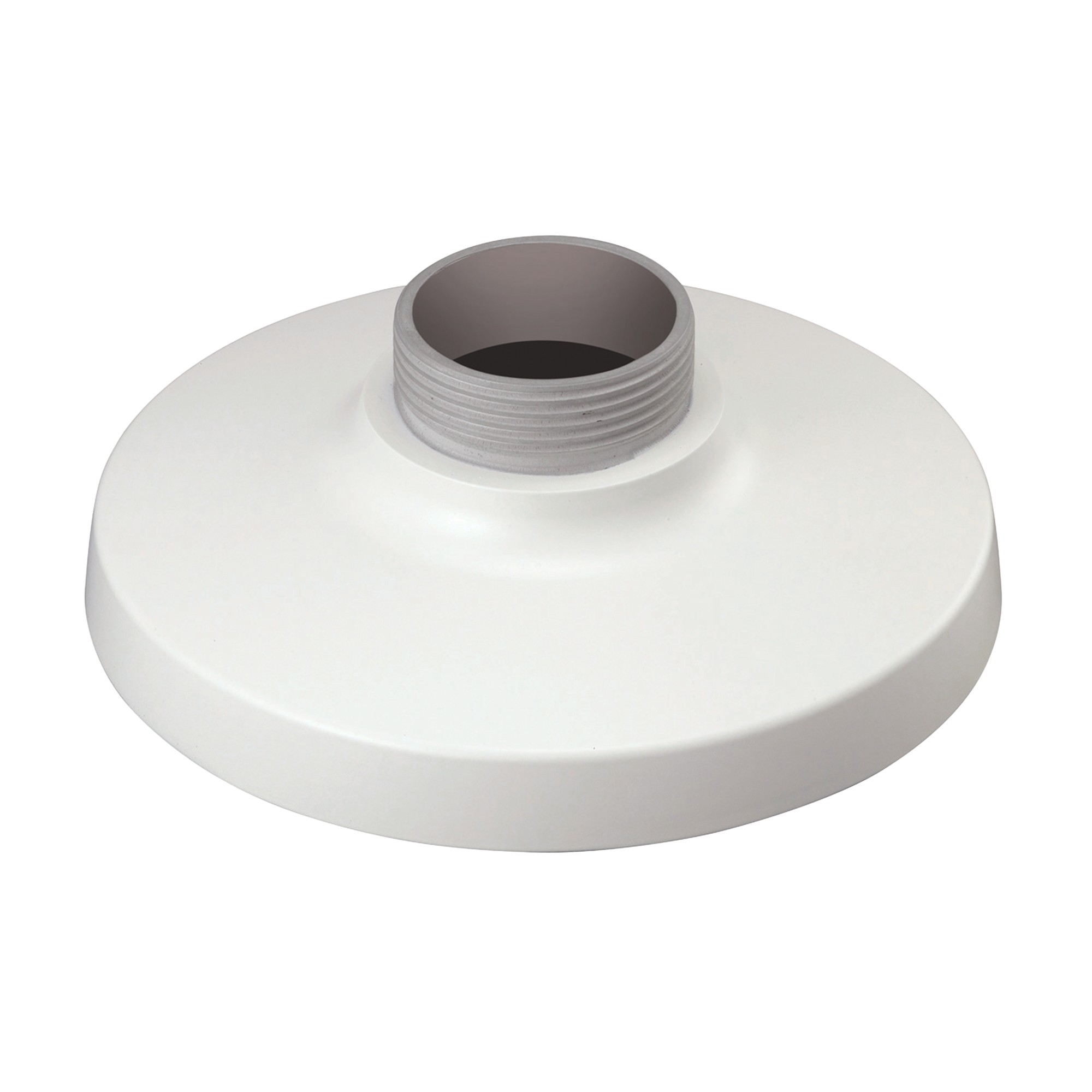 White circular mounting base with a threaded center for attaching security cameras, made of durable plastic, designed for outdoor use.