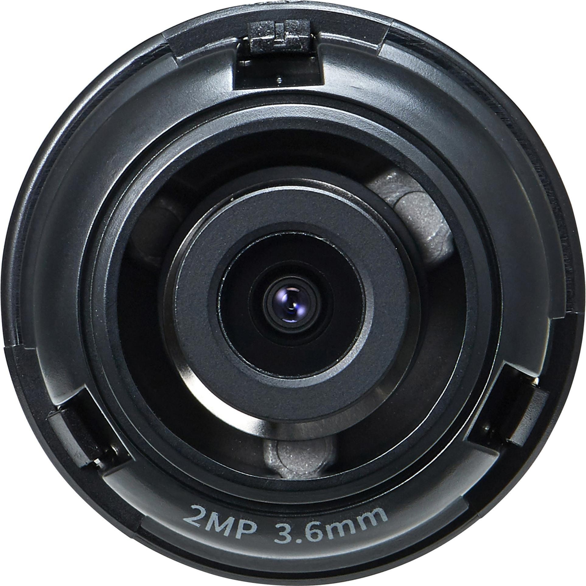 Black security camera lens with a 2MP resolution and 3.6mm focal length, featuring a circular design and a central glass lens surrounded by a textured casing.