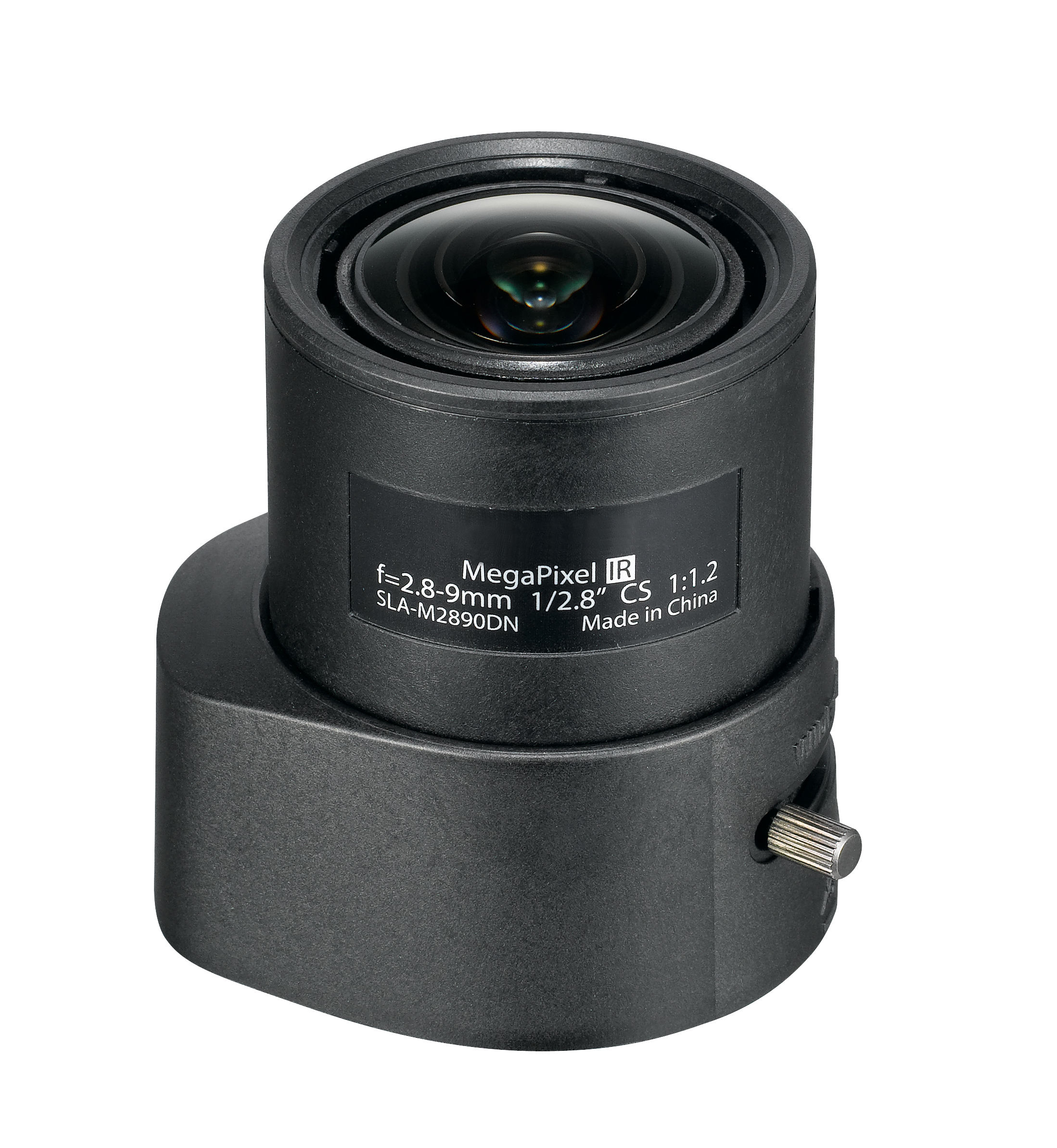 Black security camera lens with a cylindrical design, featuring an 8.9mm focal length, marked with "MegaPixel IR" and model number SLA-M2890DN, made of durable material.