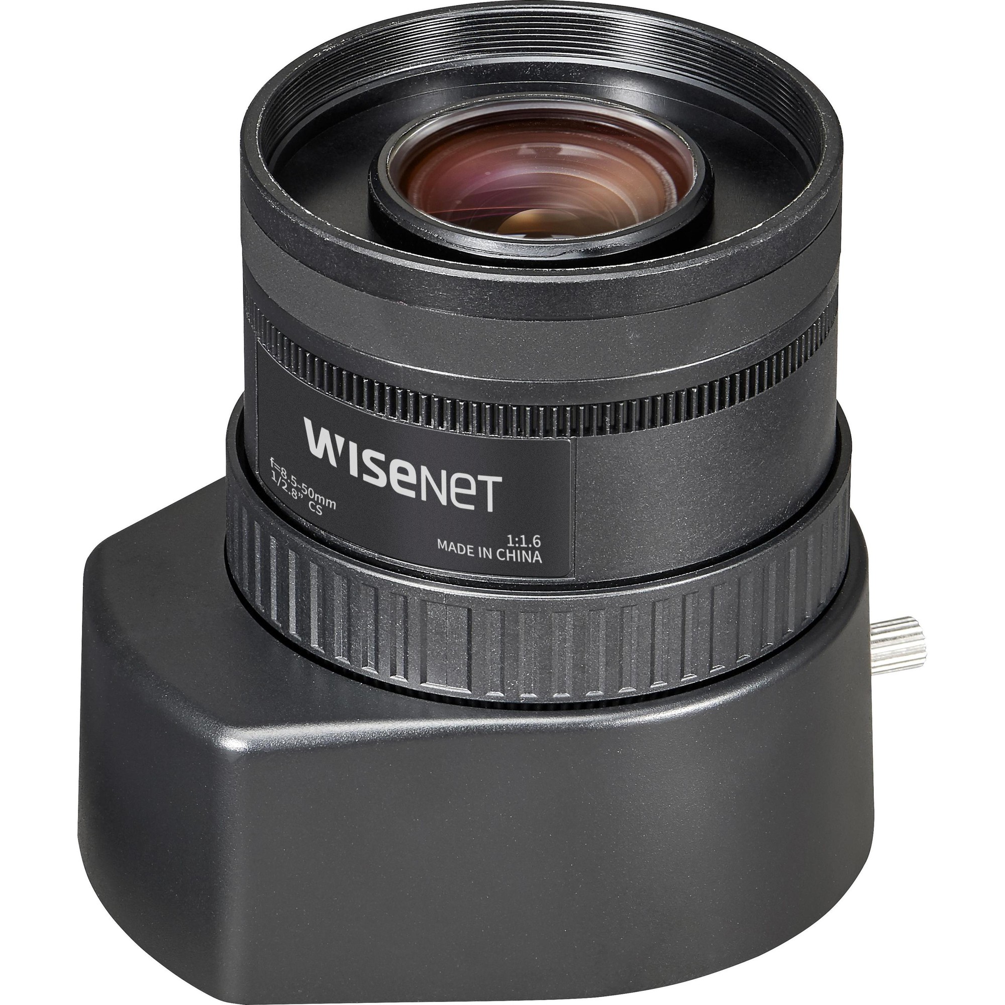 Black Hanwha SLA-M8550D security camera accessory lens with a cylindrical shape, featuring a glass lens element and a textured grip for easy adjustment.