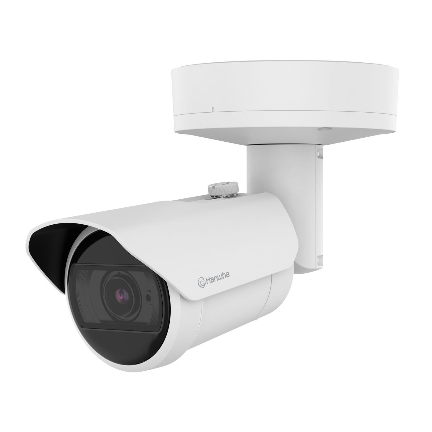 White bullet-style security camera with a sleek design, featuring a black lens and built-in infrared capabilities for night vision, mounted on a white bracket.
