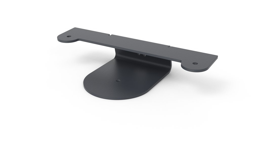 Black metal tripod head plate with a flat base and two mounting holes, designed for stability and compatibility with tripod accessories.