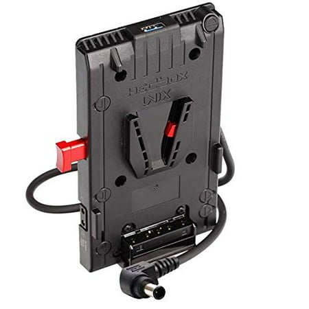 Black HEDBOX UNIX-FX9 camera mounting accessory battery plate with a red locking lever, power connector, and multiple output ports for versatile connectivity.